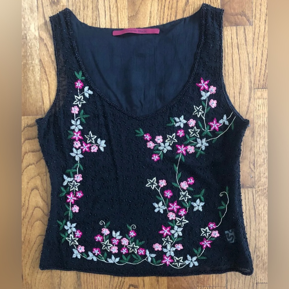 Emma Black Beaded Black Silk Pink Beaded Floral Embroidered Tank Blouse Top Sz 4